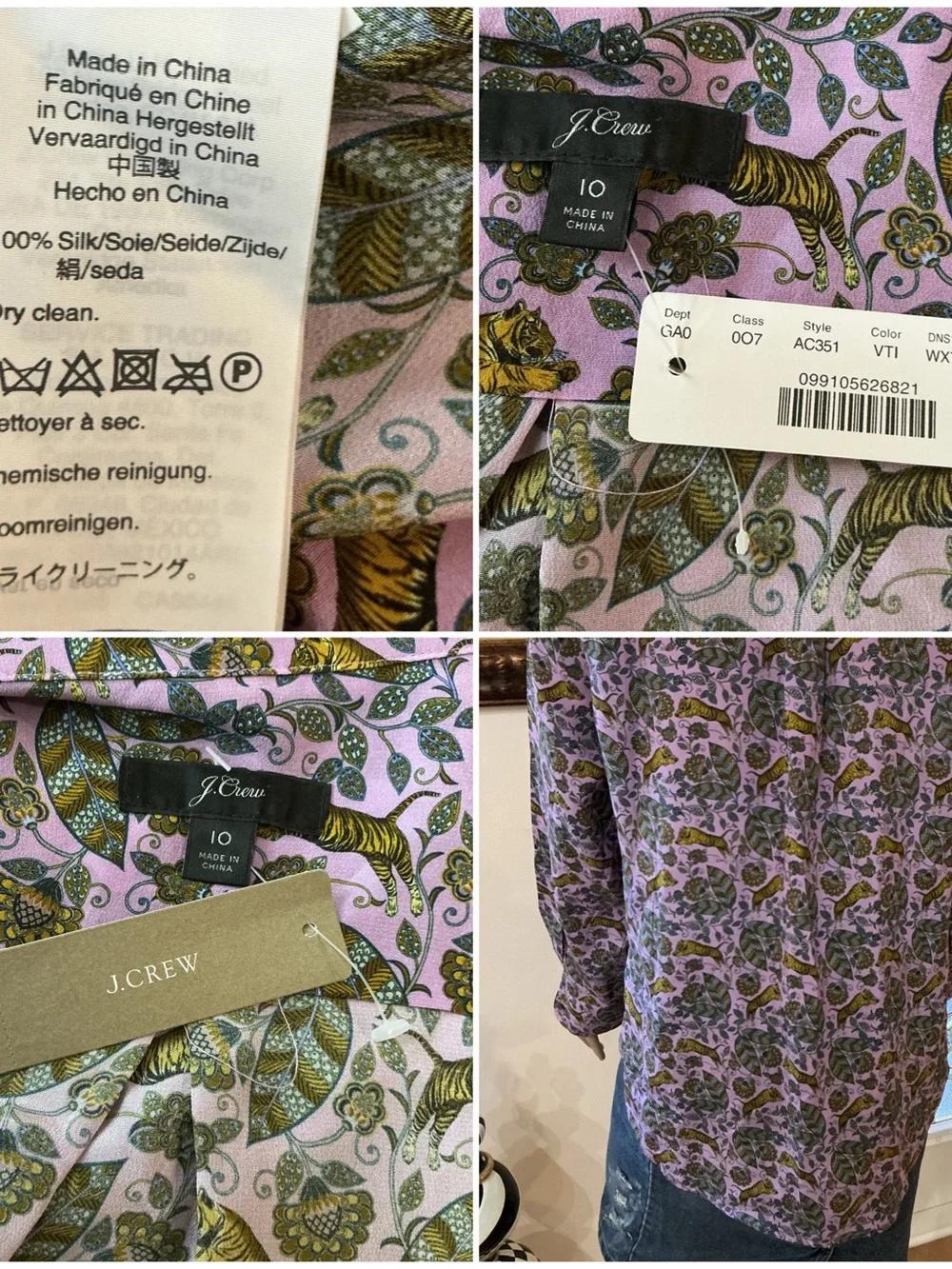 J. Crew Lavender Floral & Tiger Silk Button-Up Blouse
